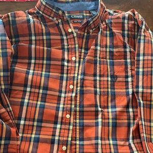 Chaps Men's Vibrant Orange and Blue Plaid Shirt